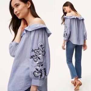 LOFT Blue Striped Embroidered Cold Shoulder Top